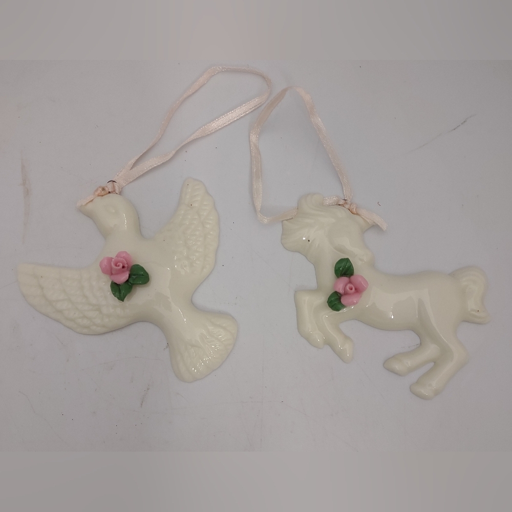 Lot Of 2 Porcelain Christmas Ornaments Dove & Carousel Horse W/ Pink Rose Ribbon